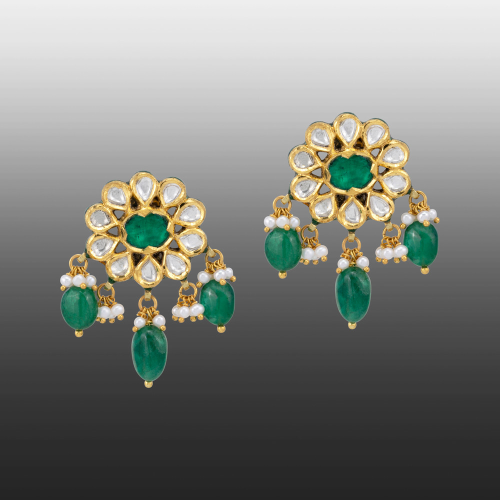 Green Talaf Floral Studs with Polkis, Emerald and Pearls